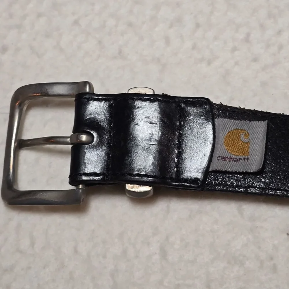 Carhartt Mens Black Leather Belt Silver Buckle Workwear Casual